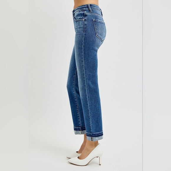 RISEN Mid Rise Dark Wash Straight Jeans Slim Ankle Cuffed Stretch Various NEW - Picture 4 of 6